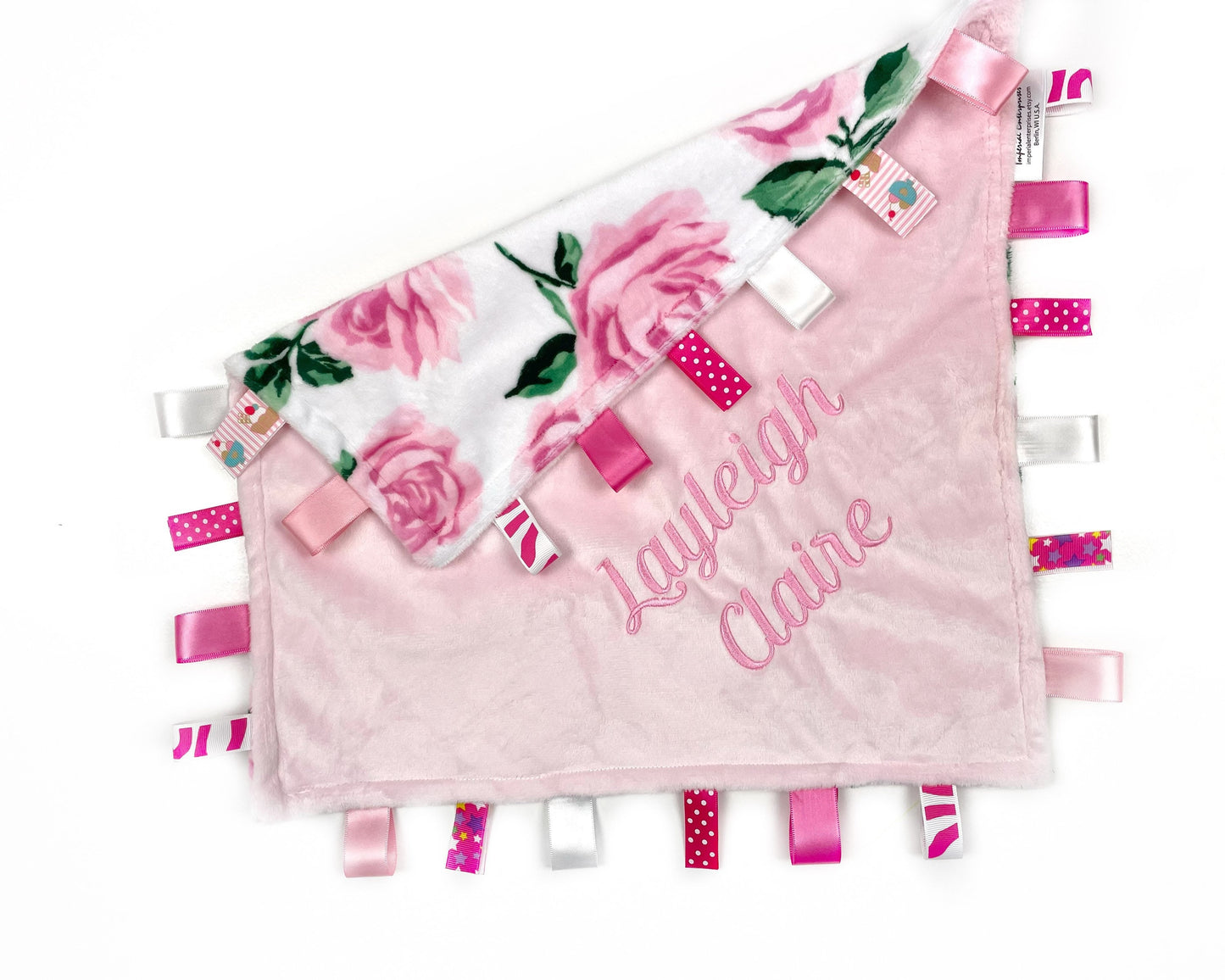 Personalized Lovey Tag Blanket, Pink Floral minky Sensory Blanket for Girls