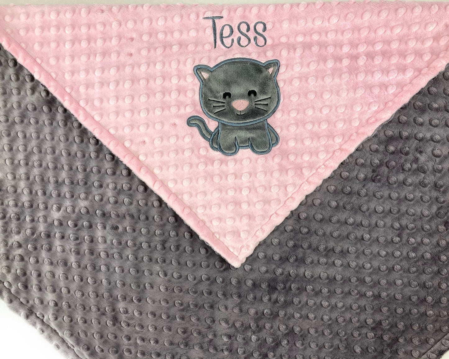 Minky Baby Blanket, Pink and Gray Kitty Blanket, Personalized with Name or Birth Stats, Newborn Gift for Girls, Keepsake Gift