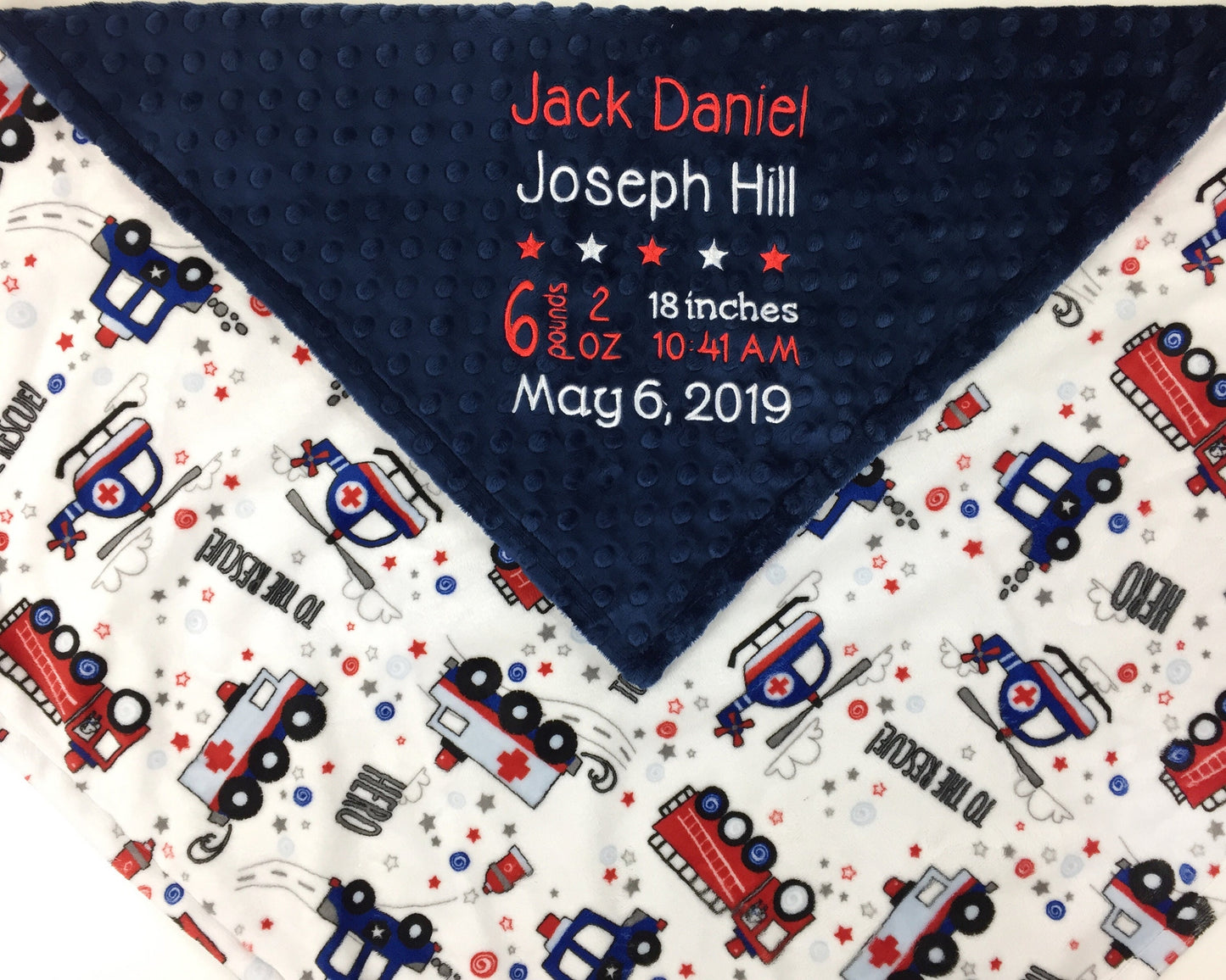 Personalized Blanket, Baby Birth Stats, Navy and Red, Fire Trucks, Police Cars, Keepsake Baby Gift