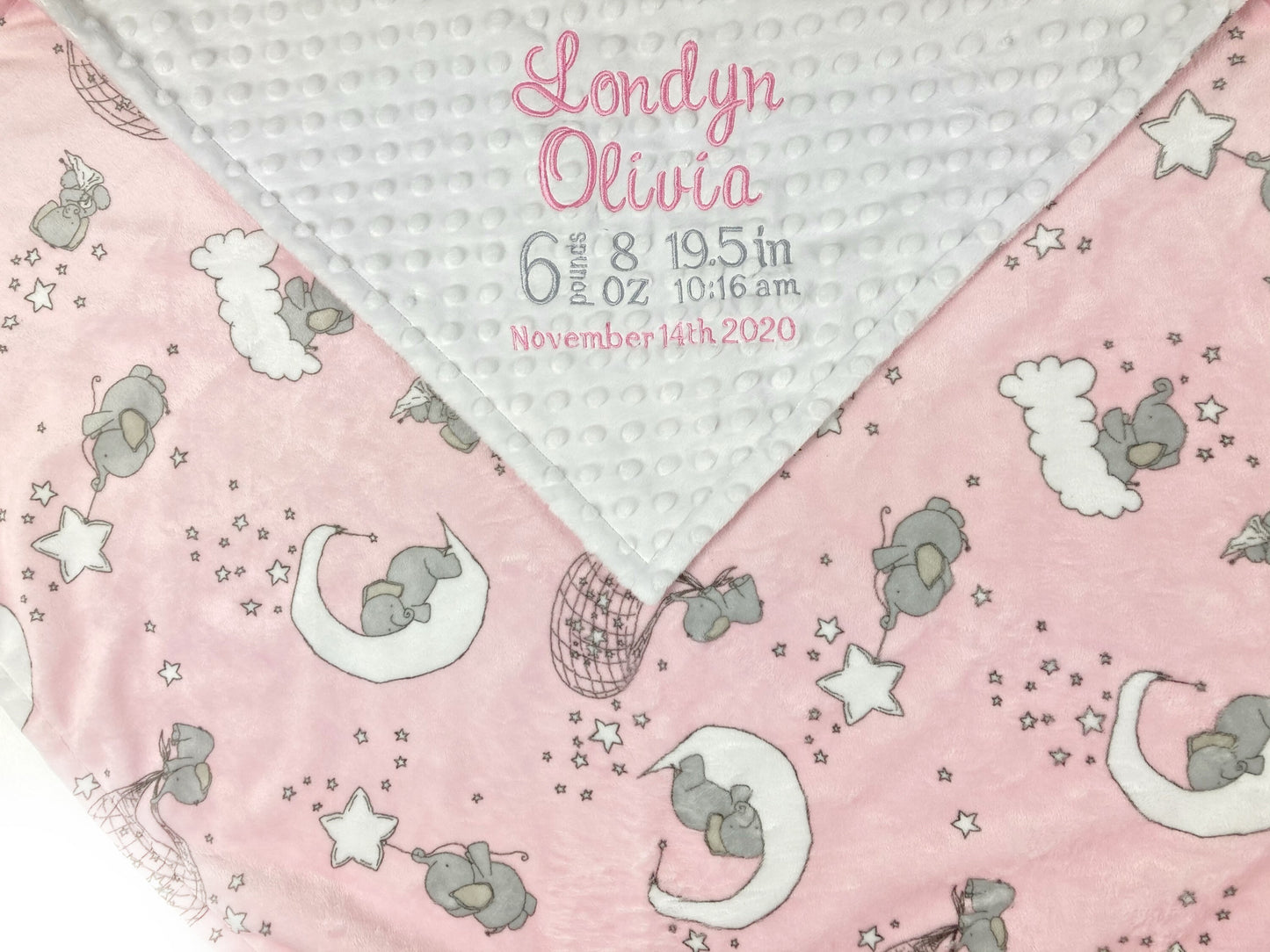 Elephant Baby Blanket, Pink and White Minky, Personalized Blanket, Baby Girl Keepsake, Elephant Nursery Theme, First Birthday Gift