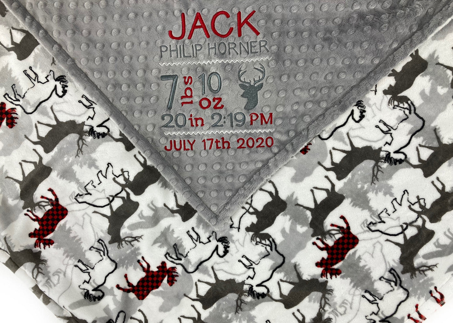 Personalized Baby Blanket, Gray White Minky, Deer Moose Bear, Birth Stats, Keepsake Gift for Baby Boy