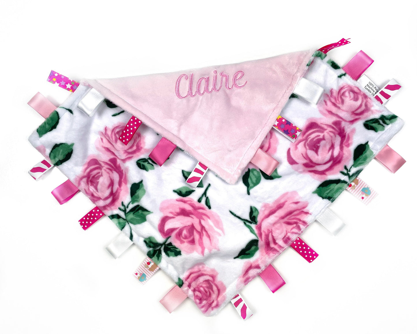 Personalized Lovey Tag Blanket, Pink Floral minky Sensory Blanket for Girls