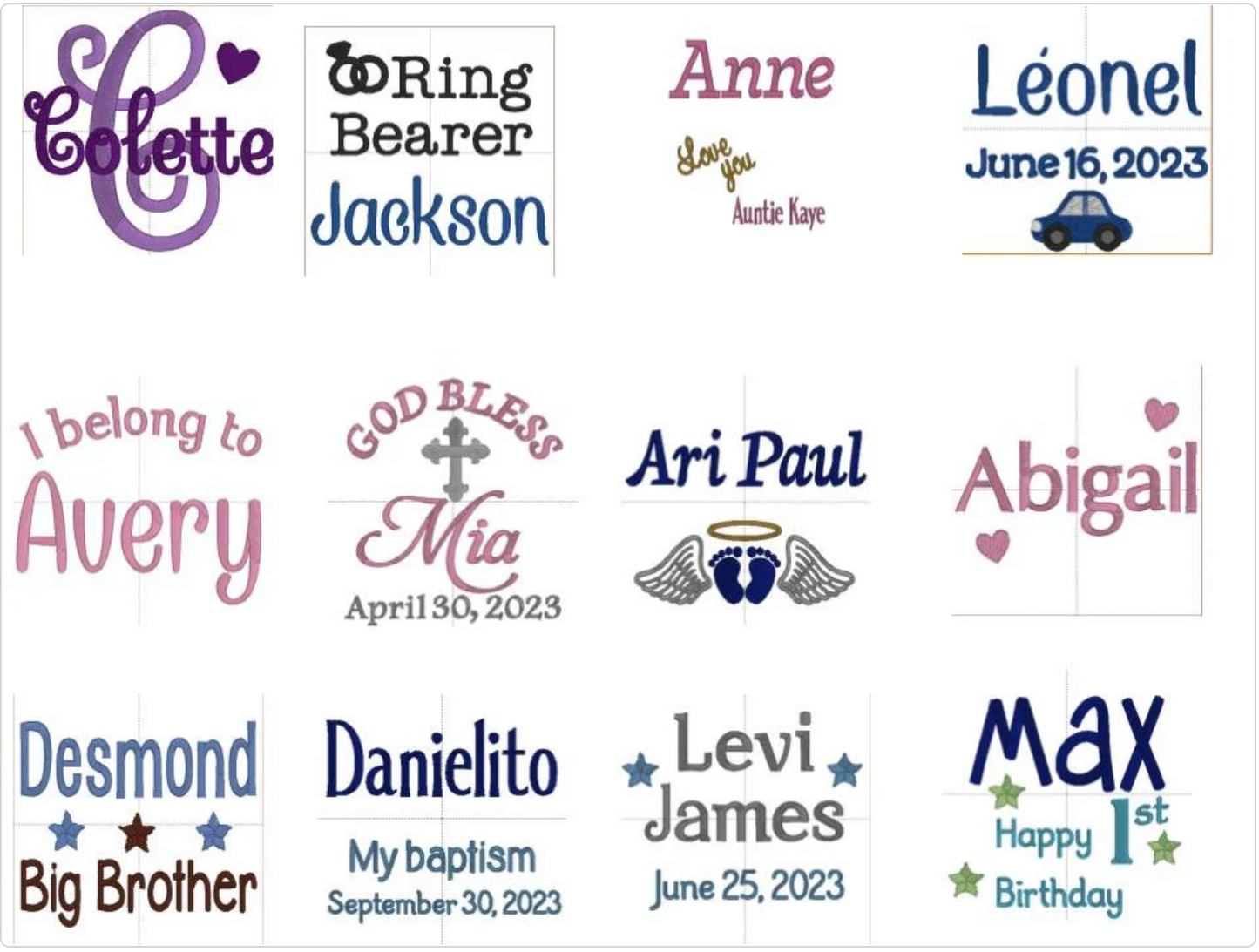 Collage of personalized gifts featuring names and dates for children, including birthdays and special occasions.