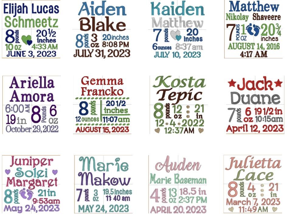 Personalized baby birth stats plaques featuring names, weights, and birth dates in colorful designs.