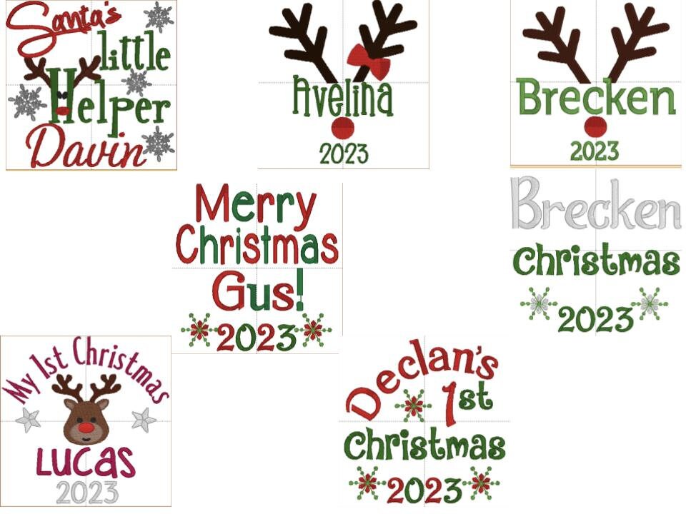 Collection of personalized Christmas designs featuring names and festive themes, ideal for holiday gifts and decor.
