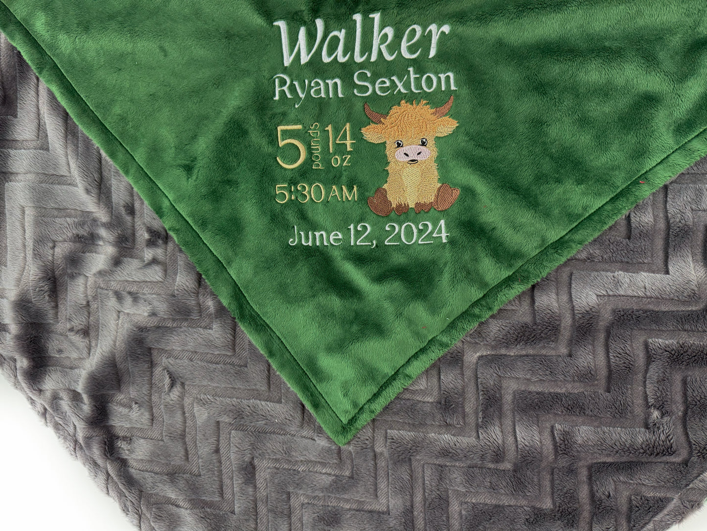 Minky Baby Blanket, Highland Cow, Green and Gray Blanket, Embroidered Birth Stats