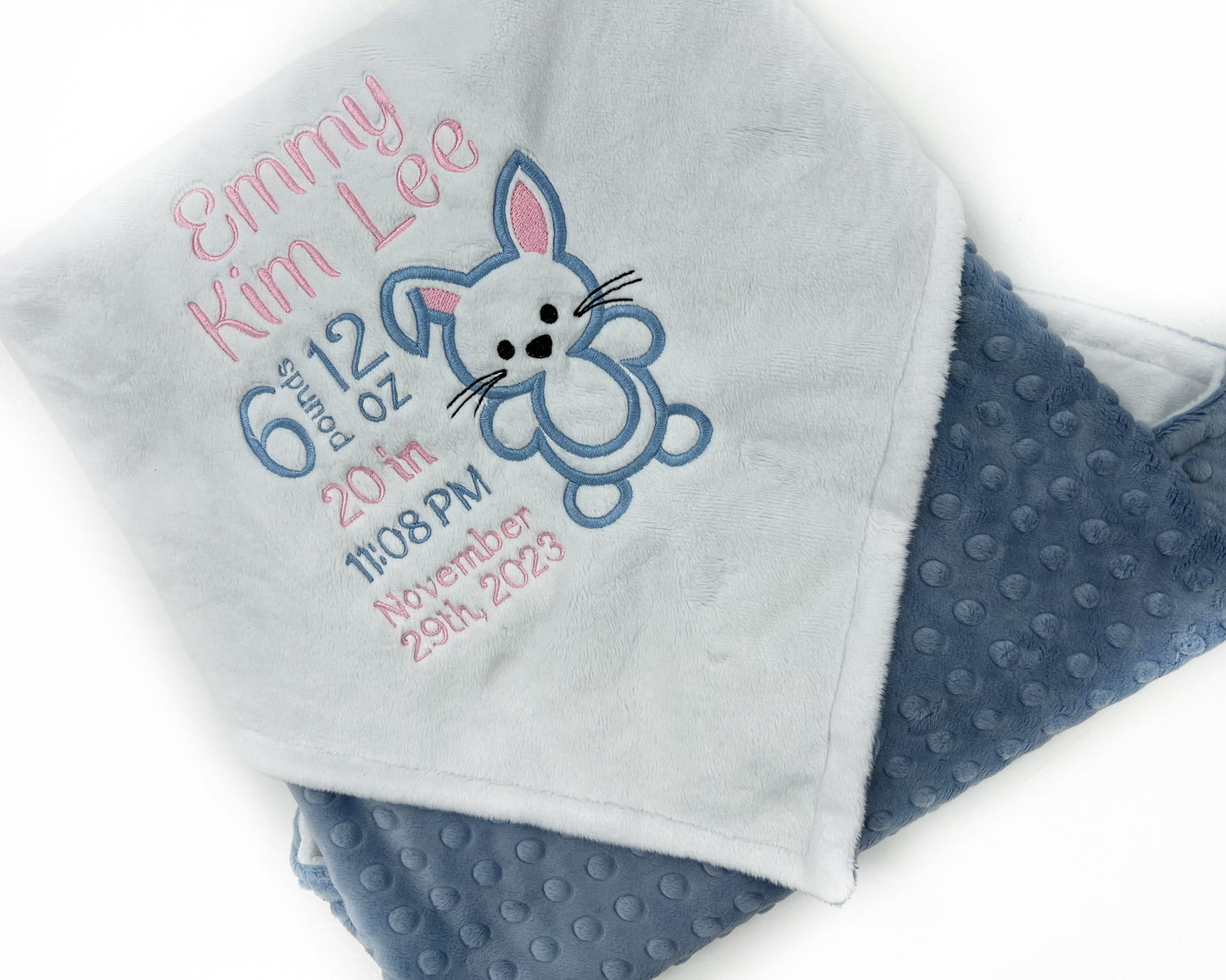 Minky Baby Blanket, Personalized Birth Stats, Plush White Minky, Bunny Rabbit Blanket, Gift to Welcome Baby, Easter Gift for Granddaughter