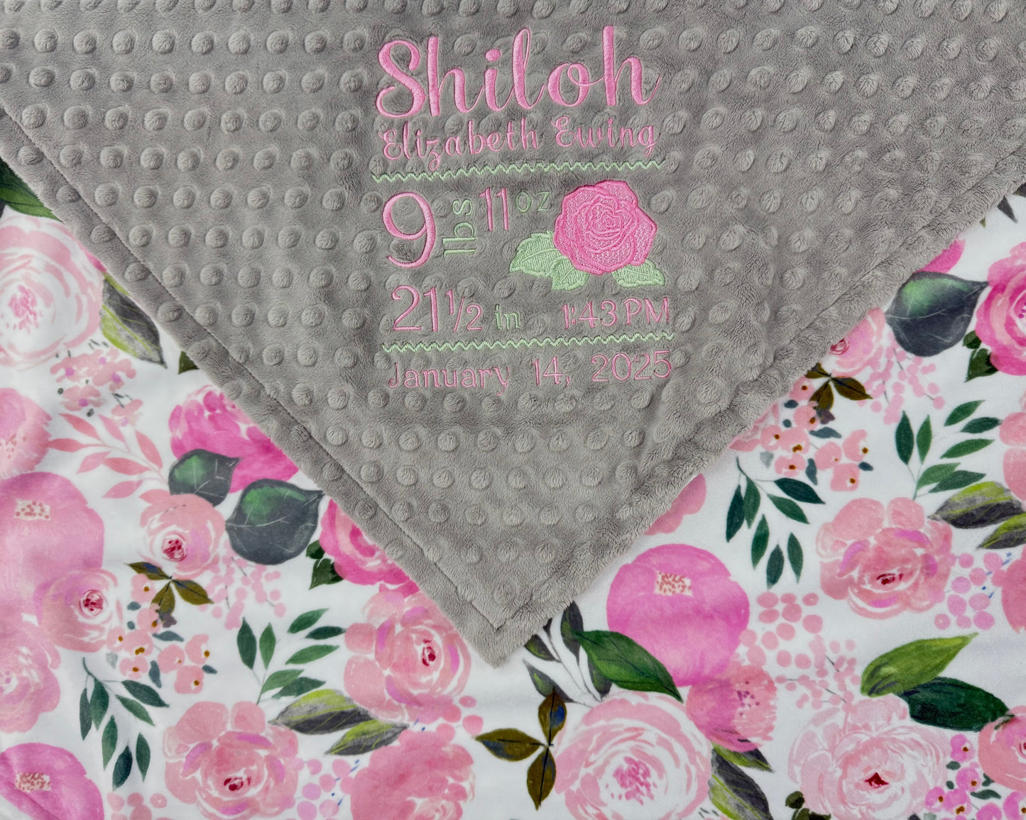 Baby Girl Blanket, Birth Stats Blanket, Pink Roses, Personalized Baby Gift, Embroidered Baby Blanket