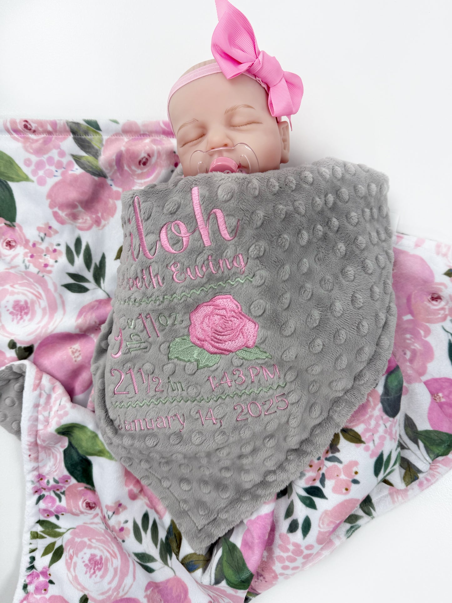 Baby Girl Blanket, Birth Stats Blanket, Pink Roses, Personalized Baby Gift, Embroidered Baby Blanket