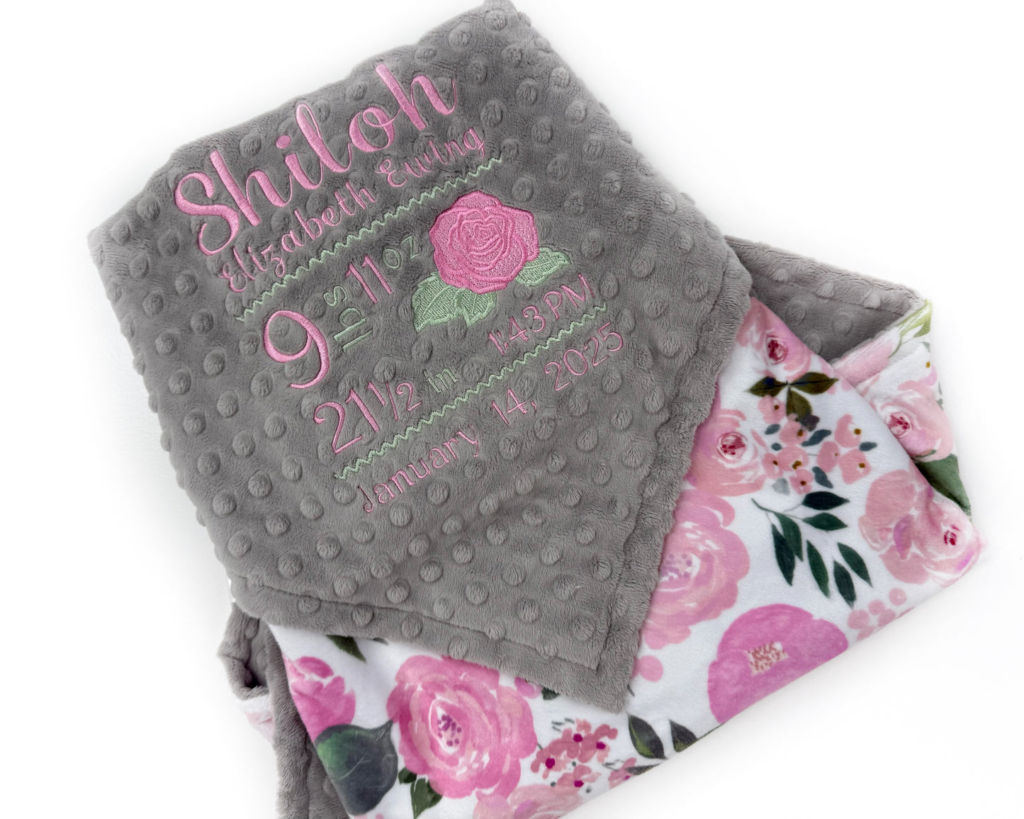 Baby Girl Blanket, Birth Stats Blanket, Pink Roses, Personalized Baby Gift, Embroidered Baby Blanket