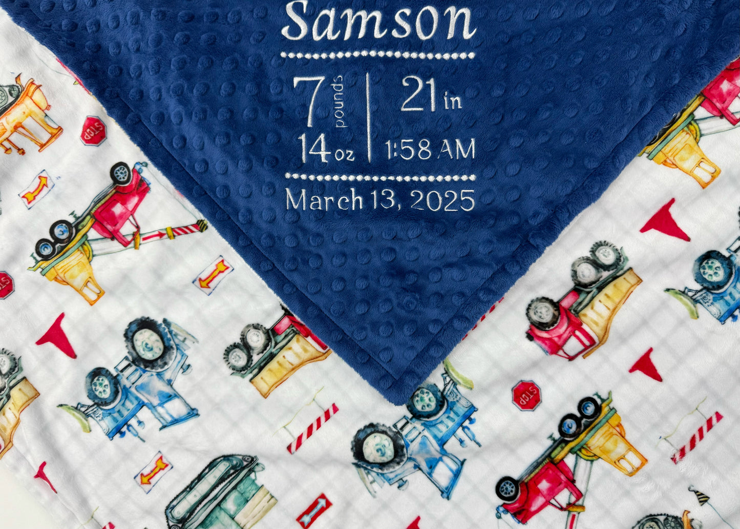 Personalized Baby Blanket, Construction Print, Birth Stats, Keepsake Gift for Baby