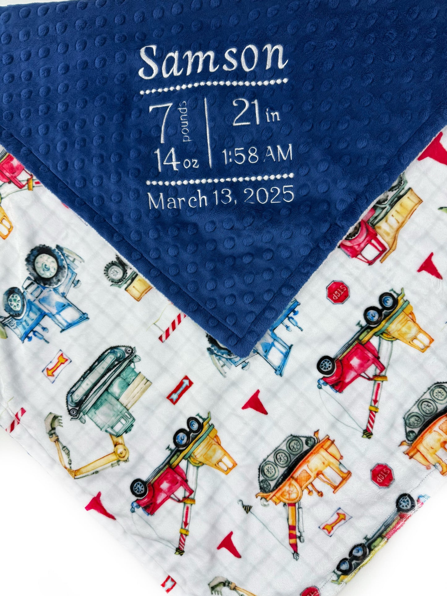 Personalized Baby Blanket, Construction Print, Birth Stats, Keepsake Gift for Baby