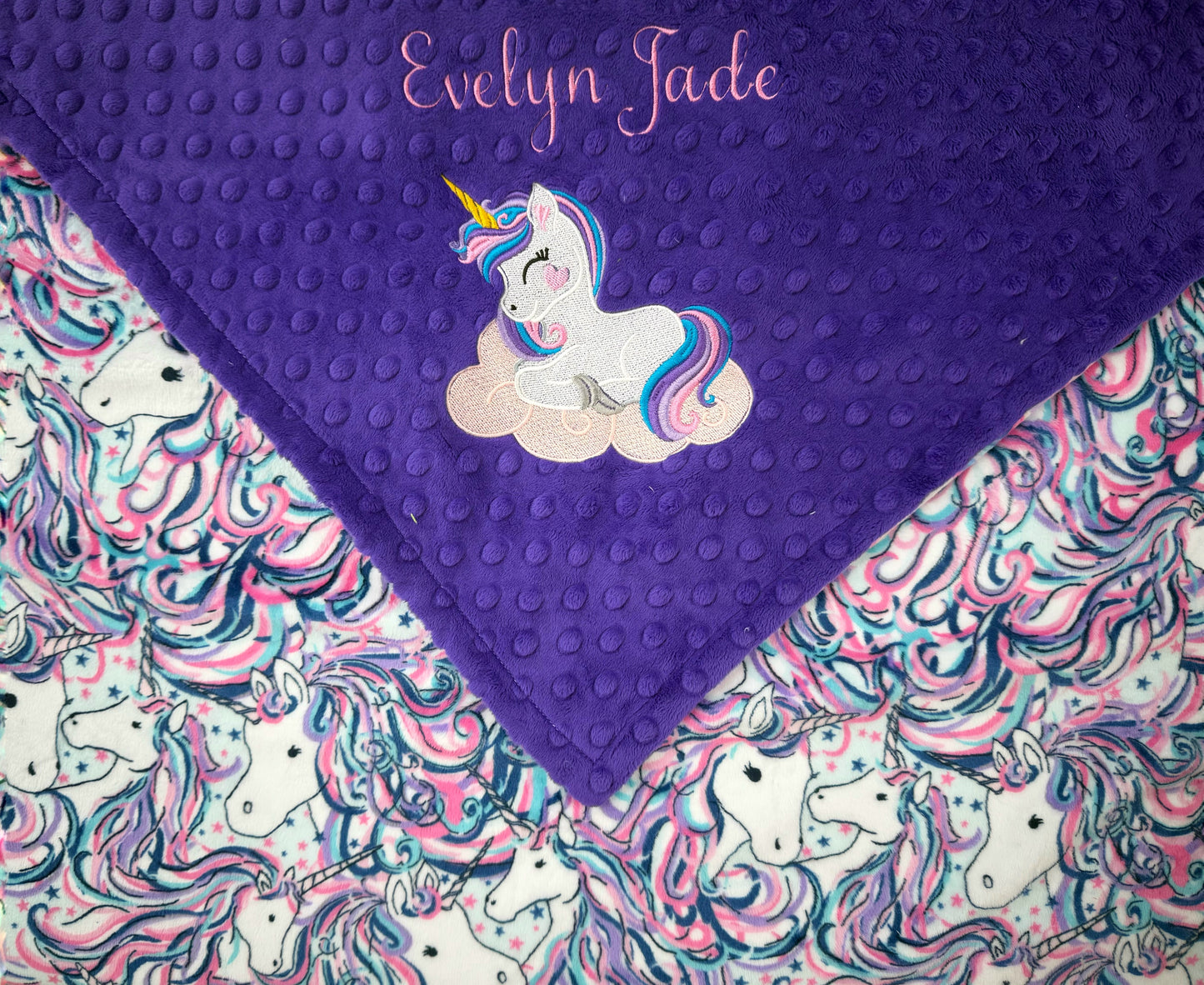 Personalized Minky Blanket, Purple with Unicorn Design, Embroidered Name