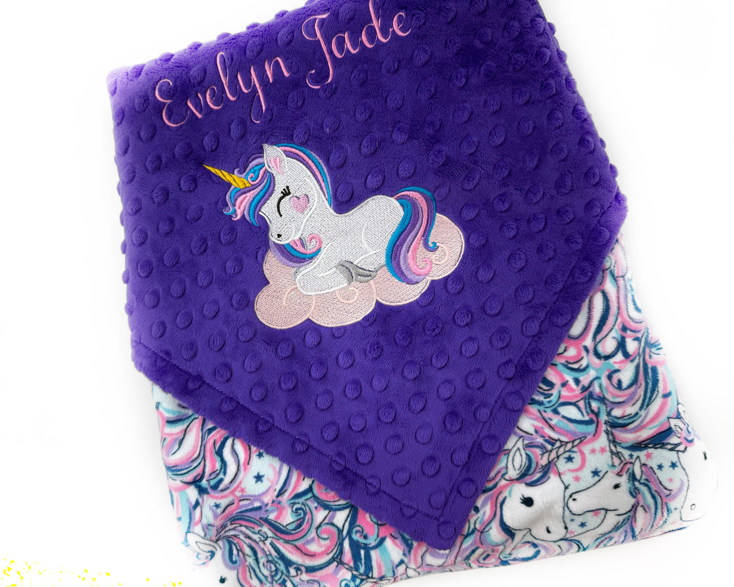 Personalized Minky Blanket, Purple with Unicorn Design, Embroidered Name