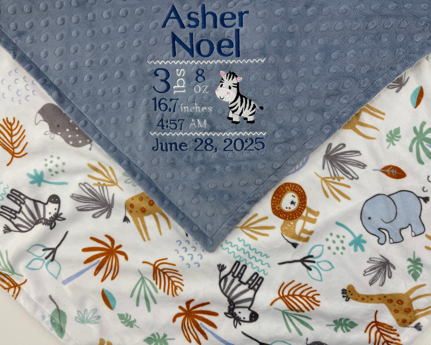 Personalized Baby Blanket, Denim Blue Minky, Safari Animals Nursery, Birth Stats and Zebra