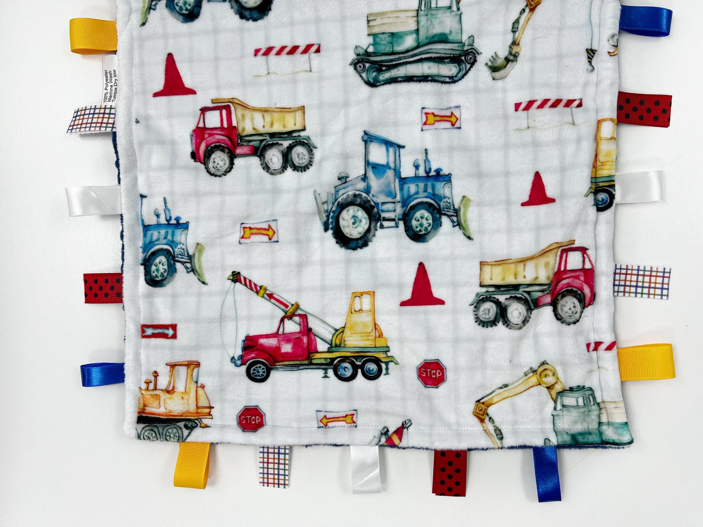 Personalized Lovey, Minky Tag Blanket, Blue Construction Vehicles Tag Lovey, Sensory Ribbon Tags, Baby Boy Shower Gift