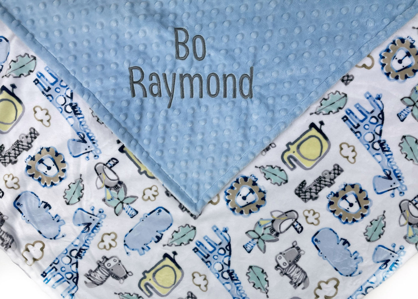 Personalized Minky Baby Blanket in Light Blue and White Zoo Animals Minky with name or Birth Stats
