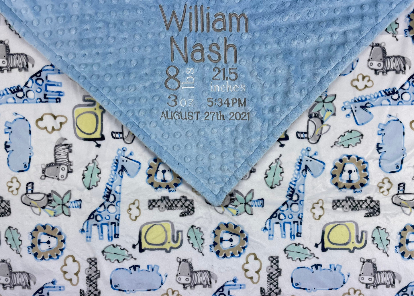 Personalized Minky Baby Blanket in Light Blue and White Zoo Animals Minky with name or Birth Stats