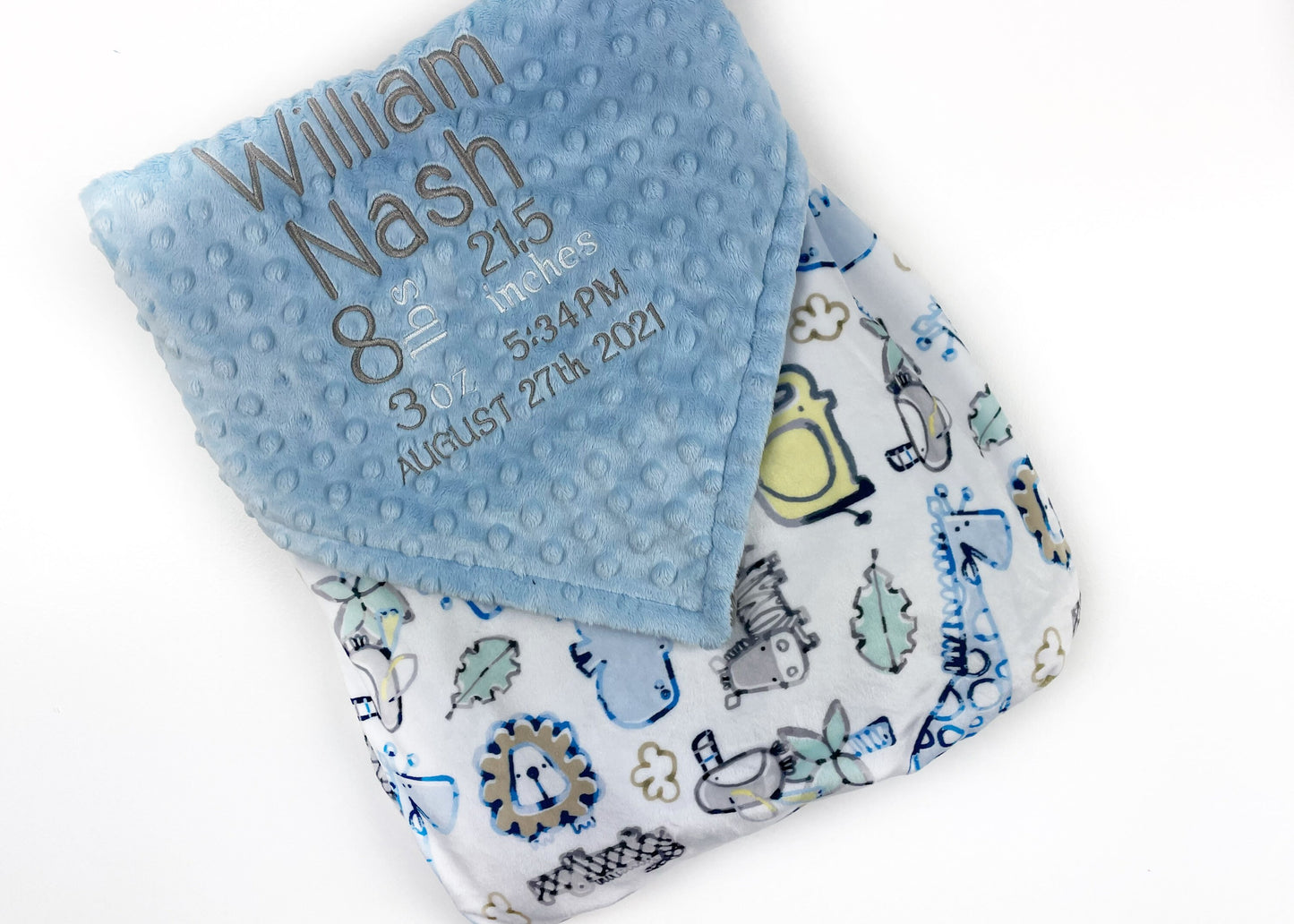 Personalized Minky Baby Blanket in Light Blue and White Zoo Animals Minky with name or Birth Stats