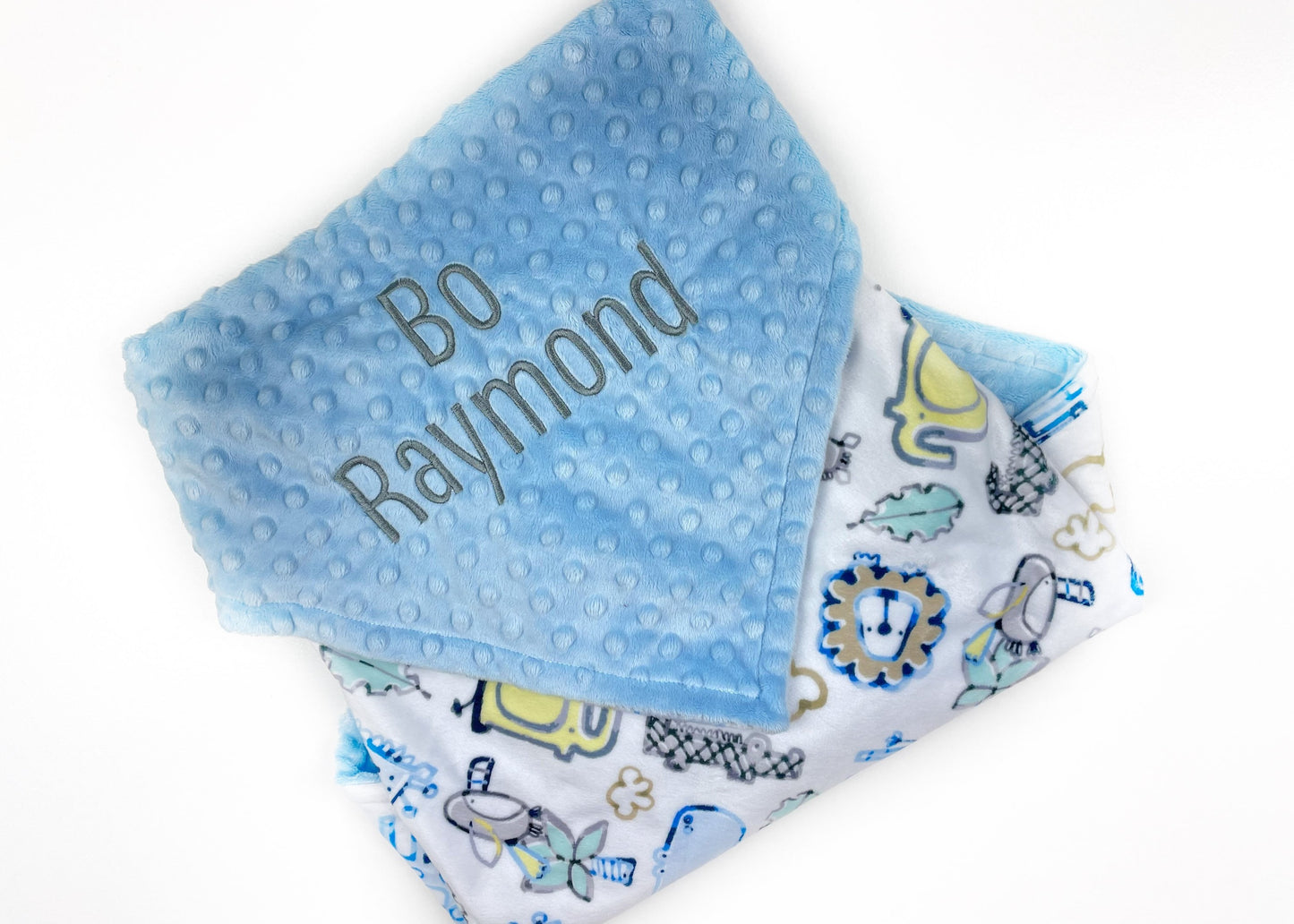 Personalized Minky Baby Blanket in Light Blue and White Zoo Animals Minky with name or Birth Stats