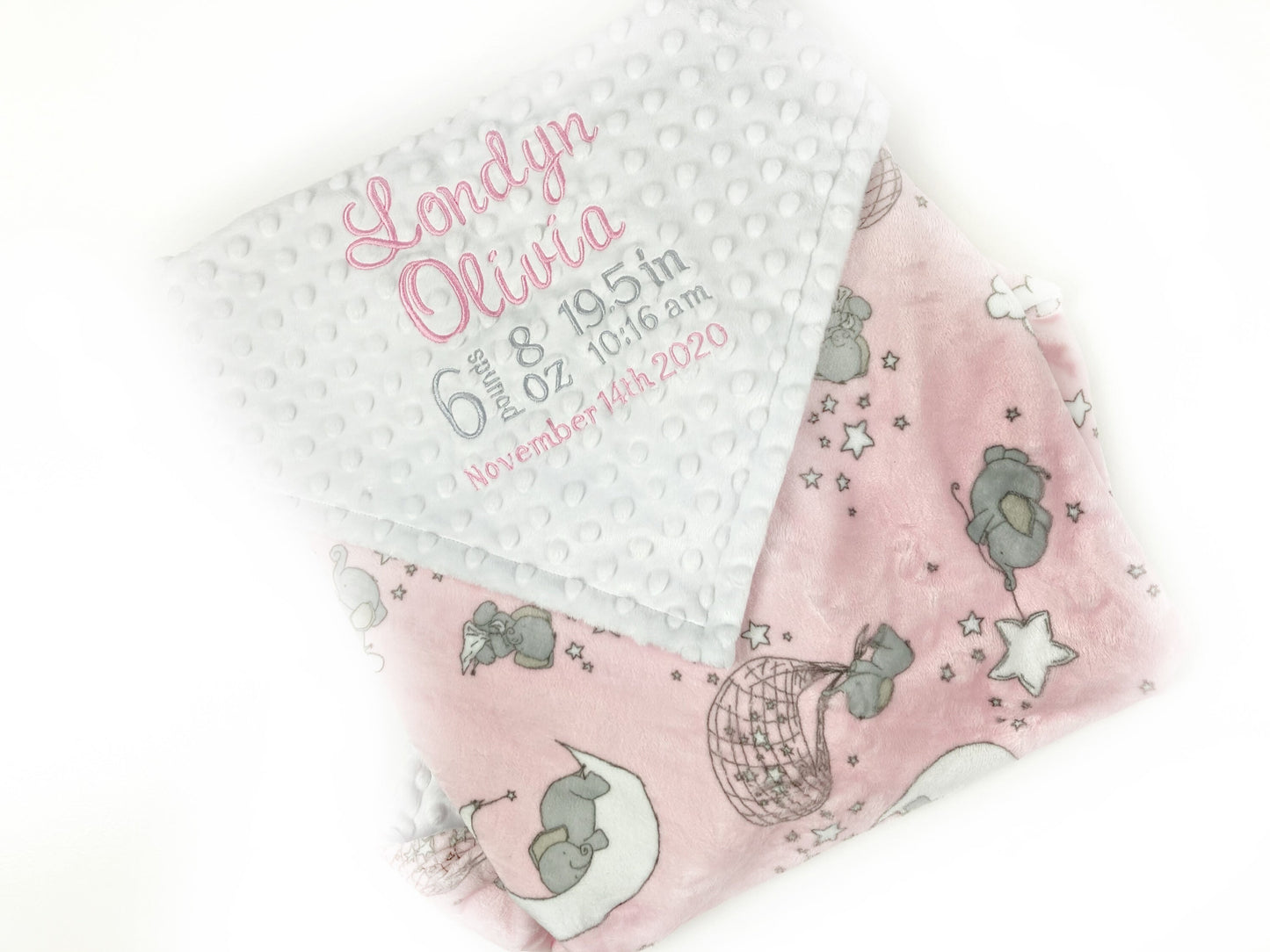 Elephant Baby Blanket, Pink and White Minky, Personalized Blanket, Baby Girl Keepsake, Elephant Nursery Theme, First Birthday Gift
