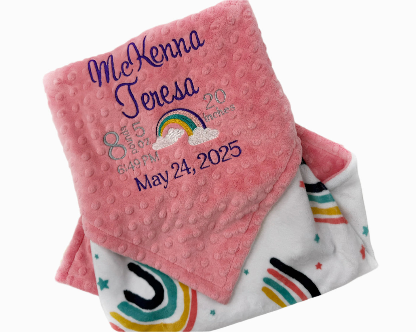 Personalized Baby Blanket, Coral Rainbow Blanket, Birth Stats Baby Gift