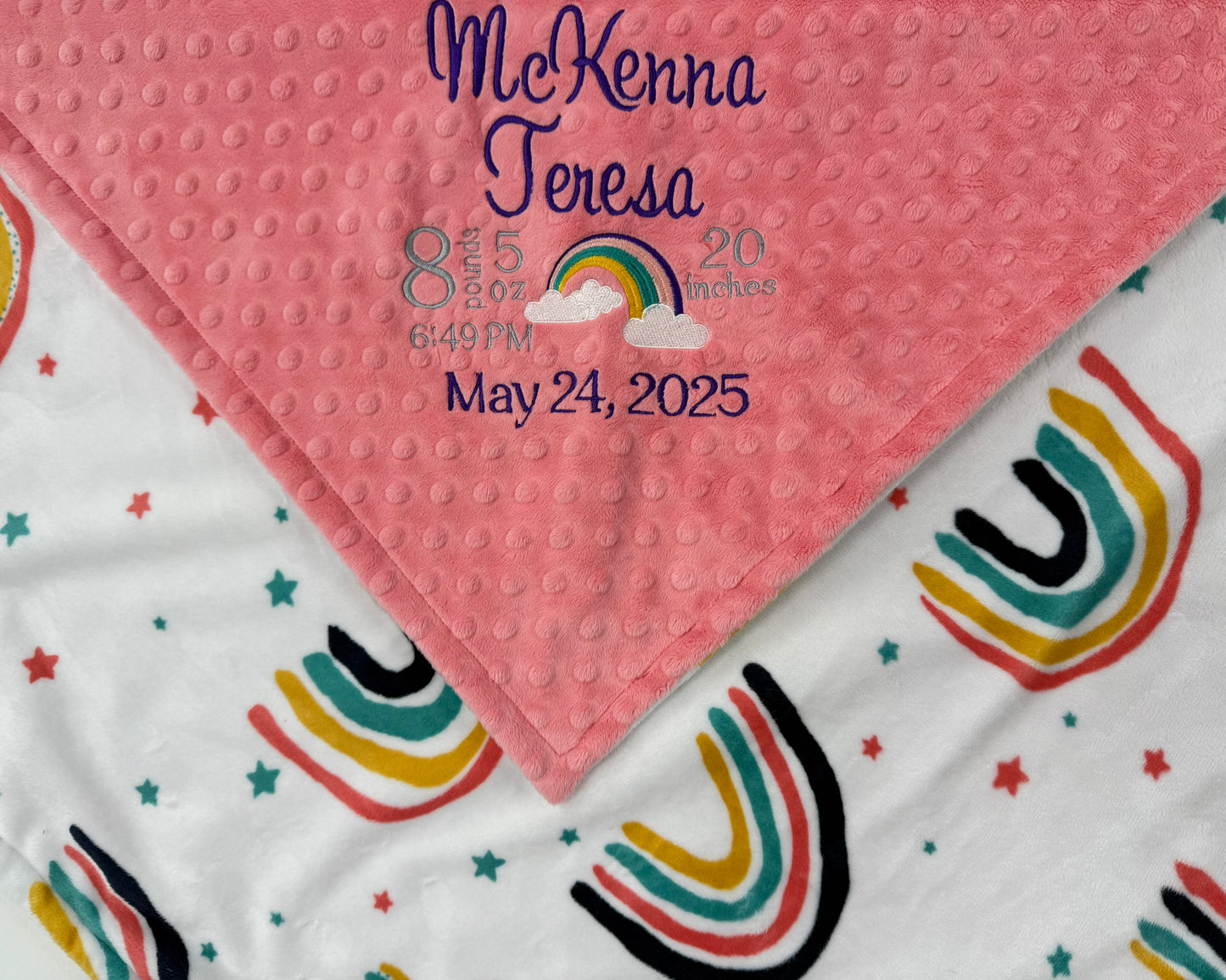 Personalized Baby Blanket, Coral Rainbow Blanket, Birth Stats Baby Gift