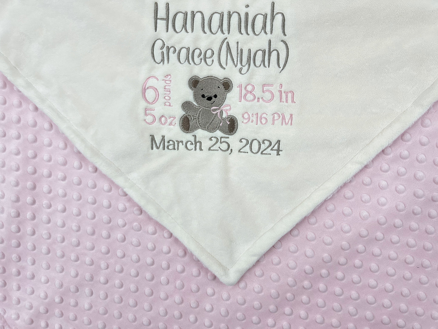 Ivory Baby Blanket, Teddy Bear Birth Design, Light Pink and Ivory Baby Blanket, Personalized Blanket, Baby Gift, Keepsake Gift for Baby Girl