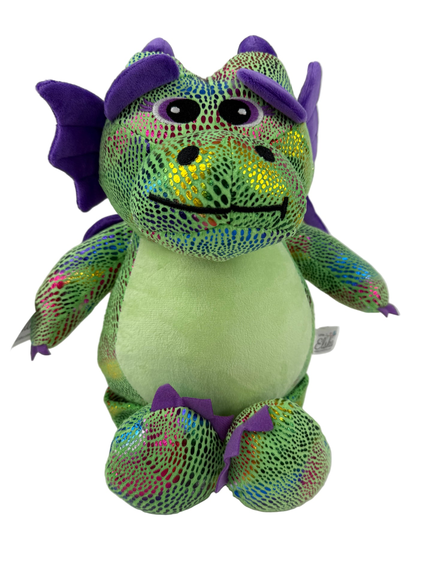 Personalized plush green dragon with colorful accents, perfect for kids and custom embroidery options.