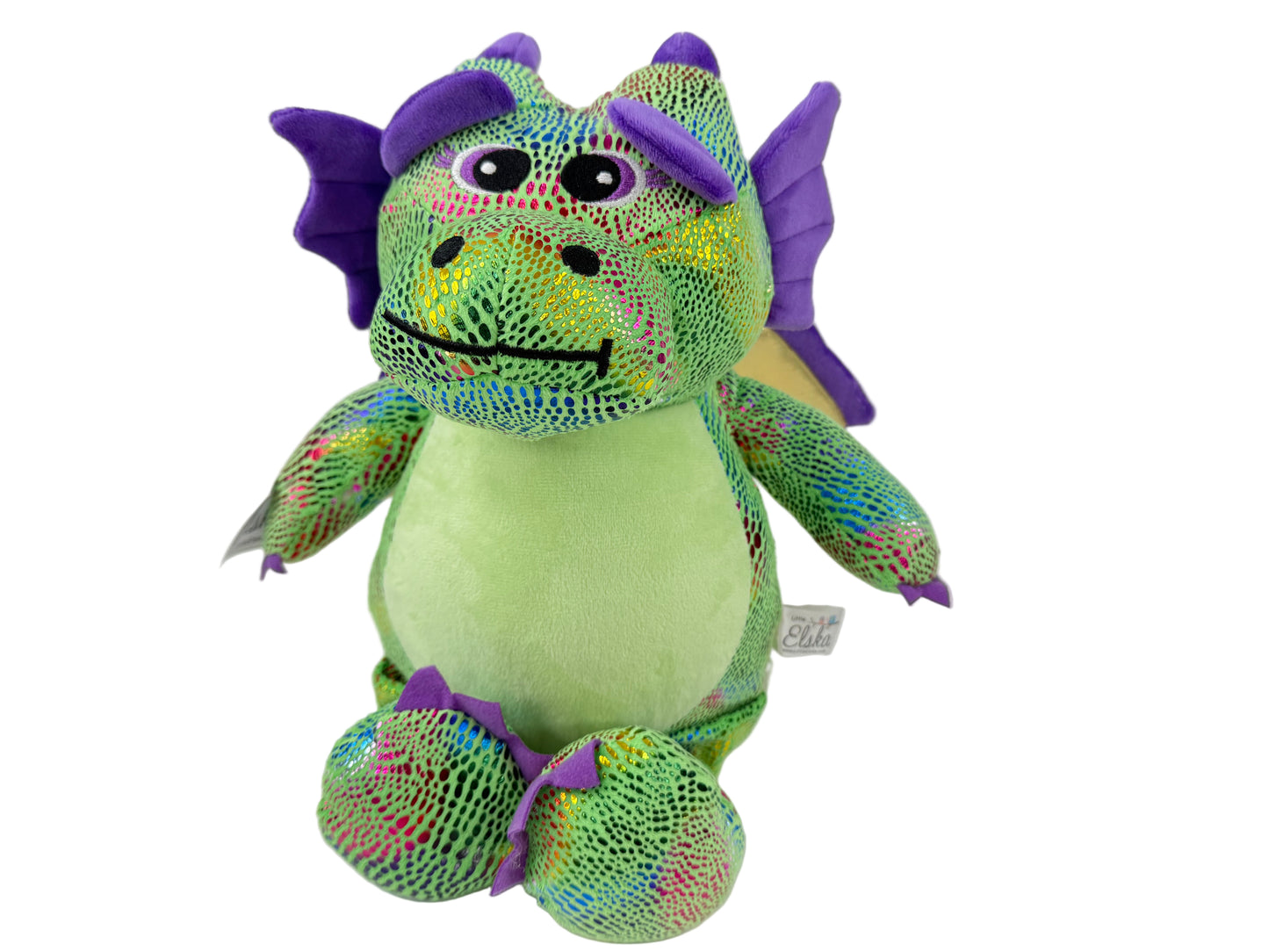 Colorful personalized stuffed dragon toy, perfect keepsake gift for children, customizable with name or birth details.