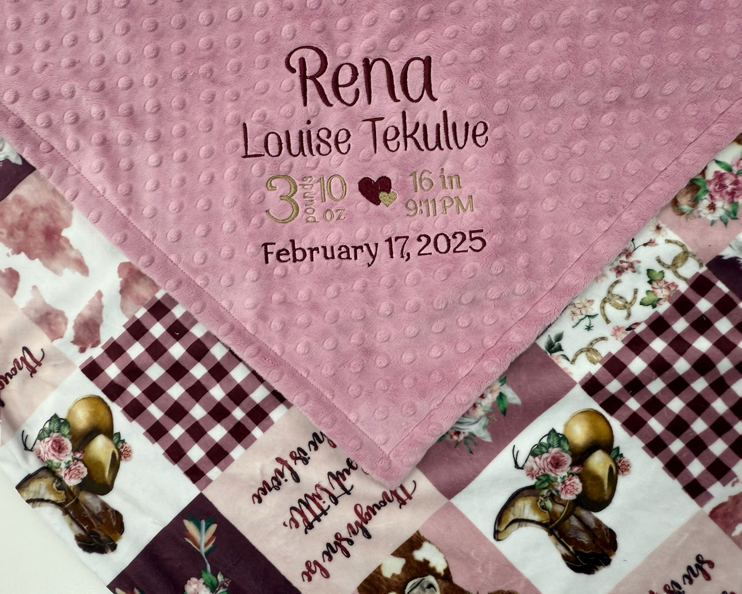 Minky Baby Blanket, Dusty Pink Western Cowgirl Design with Birth Stats