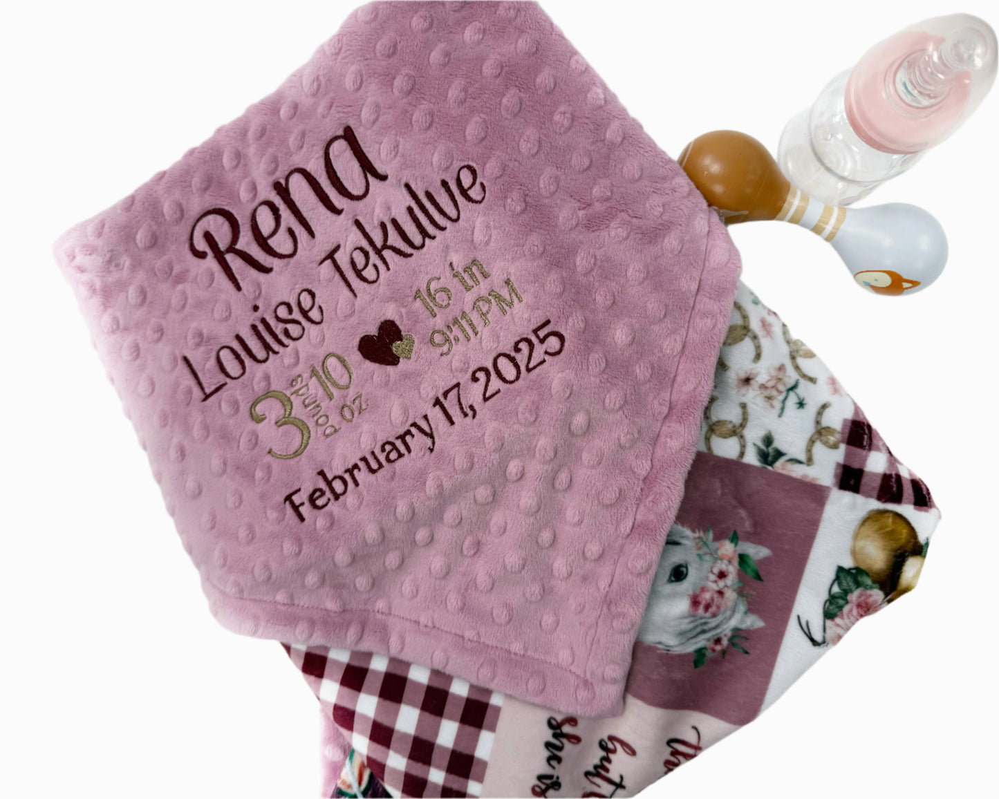 Minky Baby Blanket, Dusty Pink Western Cowgirl Design with Birth Stats