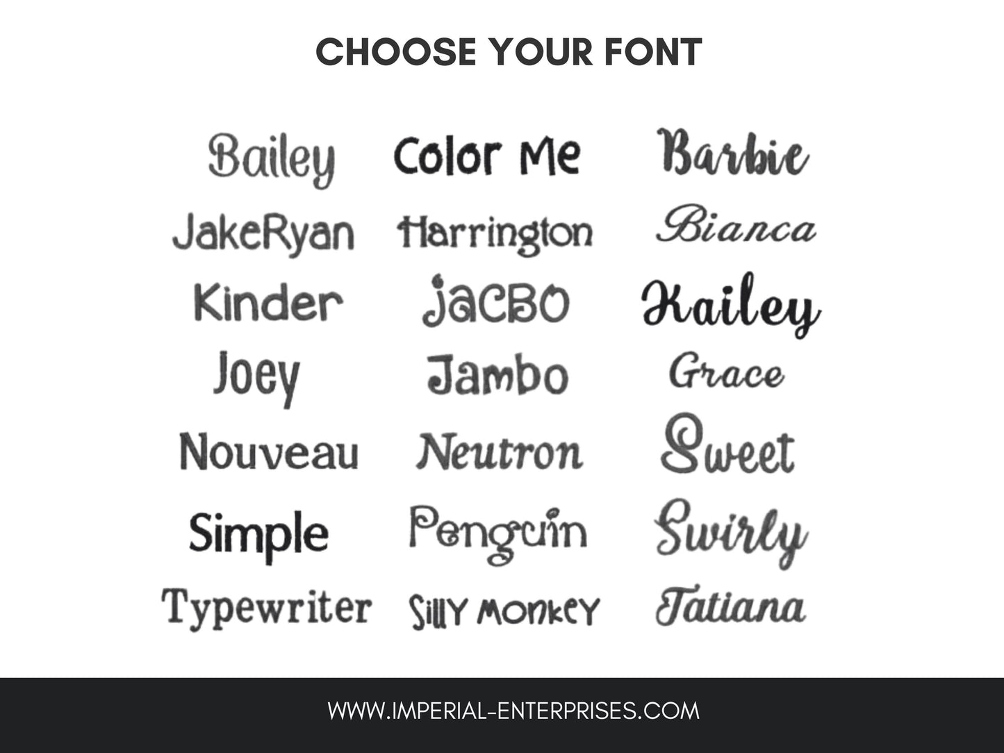 Selection of font styles for personalized gifts including Bailey, Barbie, and Simple options.