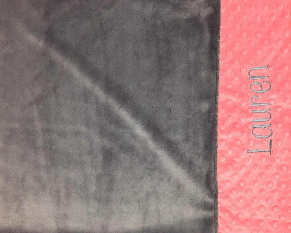 Personalized Minky Pillowcase, Gray and Coral Minky, Personalized Gift for Girls