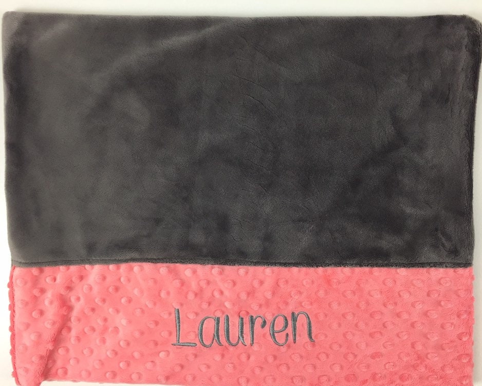 Personalized Minky Pillowcase, Gray and Coral Minky, Personalized Gift for Girls