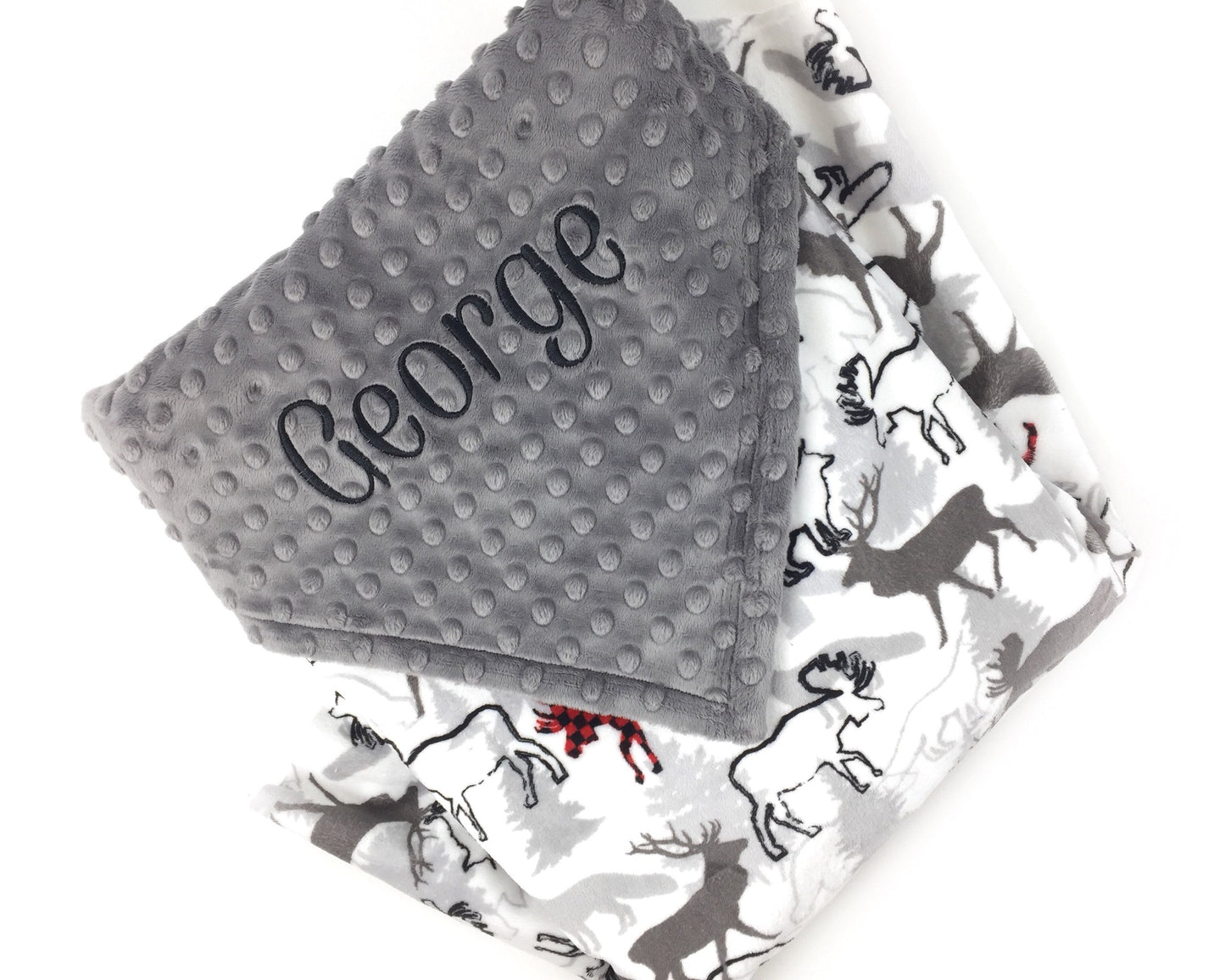 Personalized Minky Baby Blanket, Gray and Red Deer Moose and Bear Design, Newborn Baby Boy Gift, Baby Shower Gift, Blanket with Name