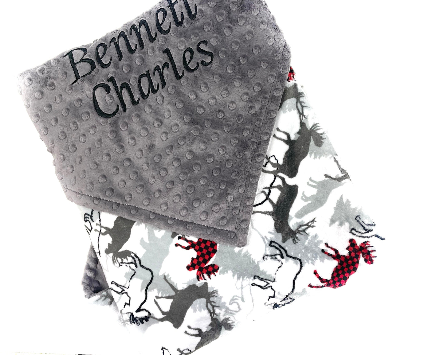 Personalized Minky Baby Blanket, Gray and Red Deer Moose and Bear Design, Newborn Baby Boy Gift, Baby Shower Gift, Blanket with Name
