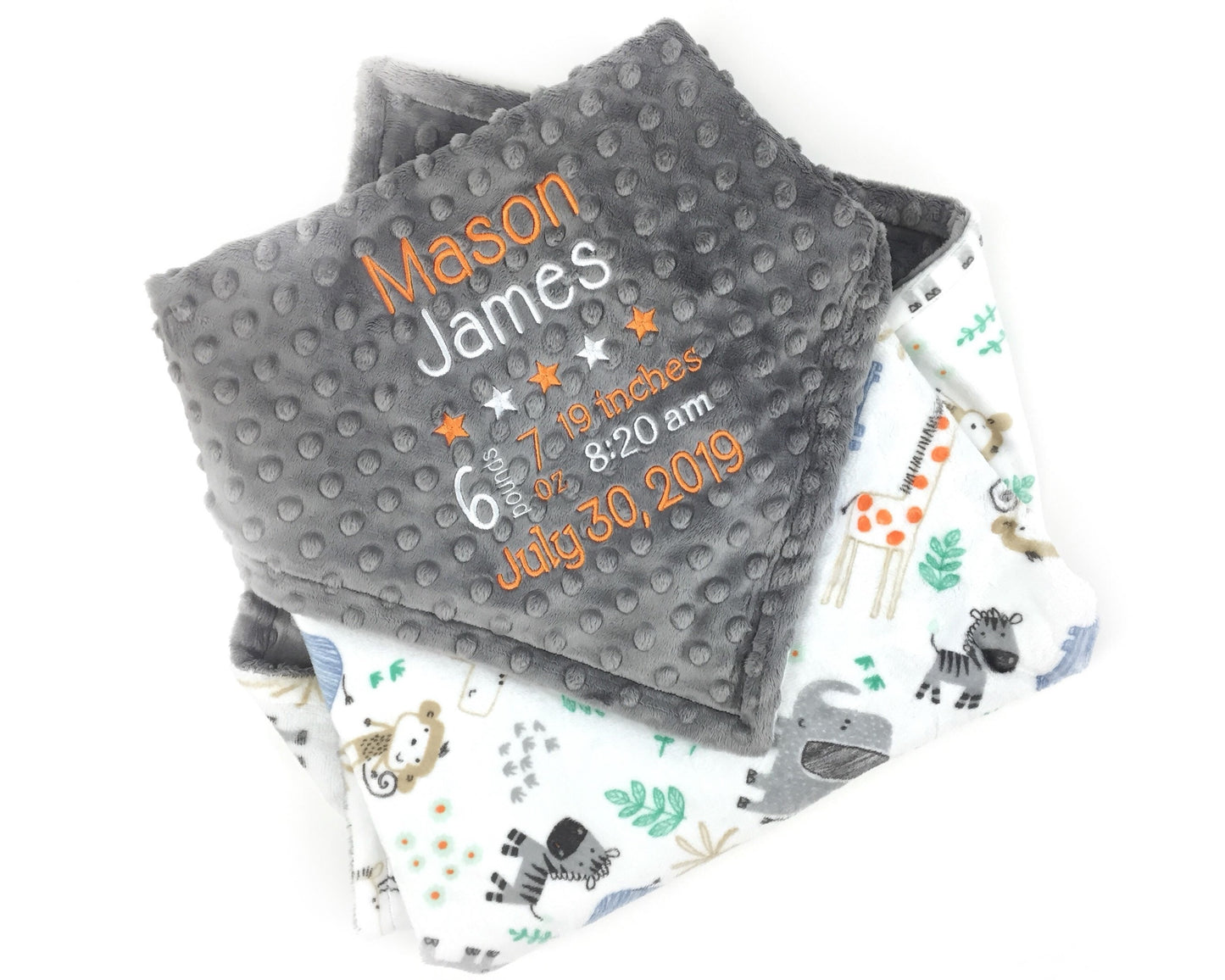 Personalized Minky Baby Blanket, Gray Zoo Animals, Embroidered Birth Stats and Lion, Baby Gift for Boys, Personalized Baby Gift