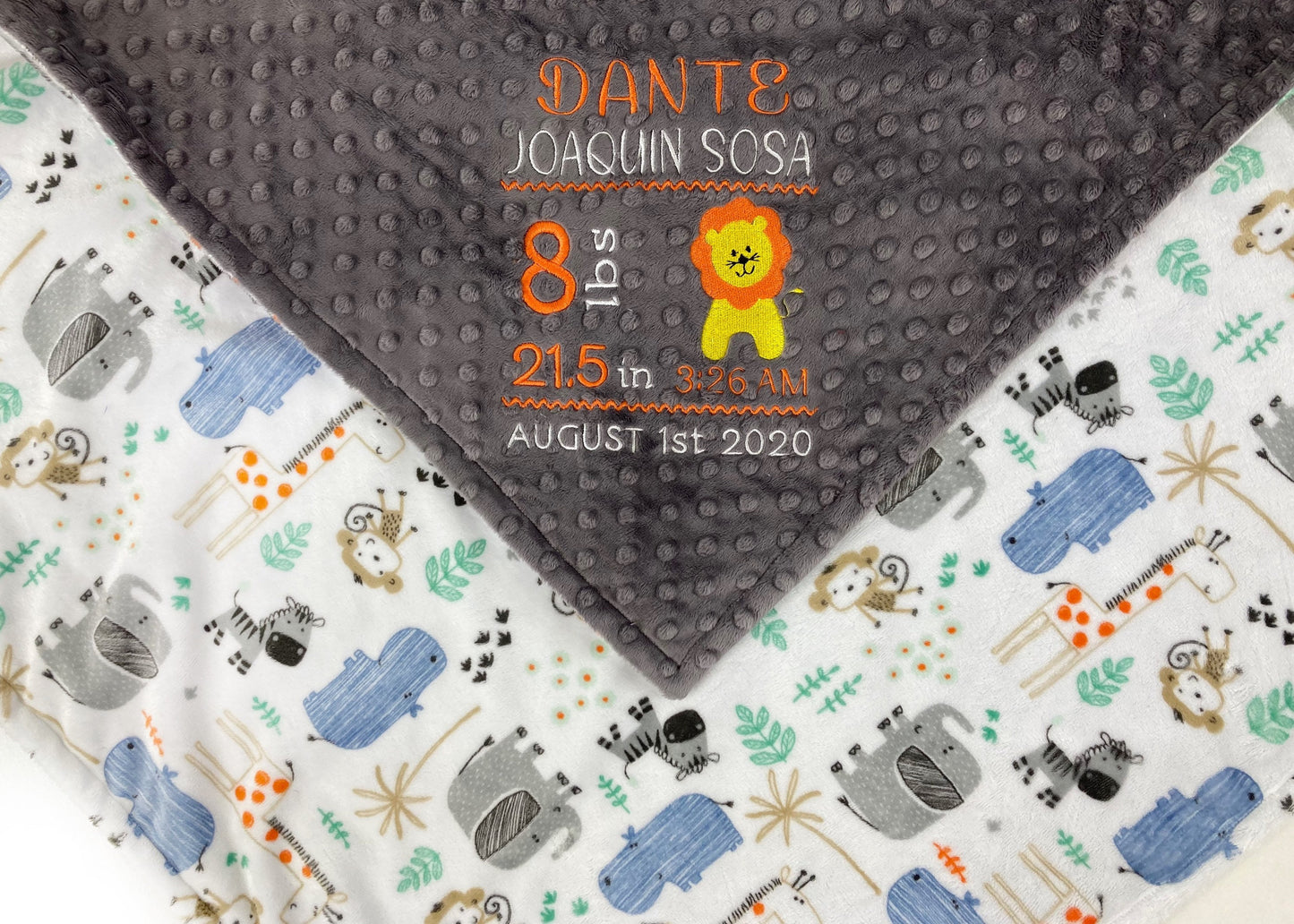 Personalized Minky Baby Blanket, Gray Zoo Animals, Embroidered Birth Stats and Lion, Baby Gift for Boys, Personalized Baby Gift