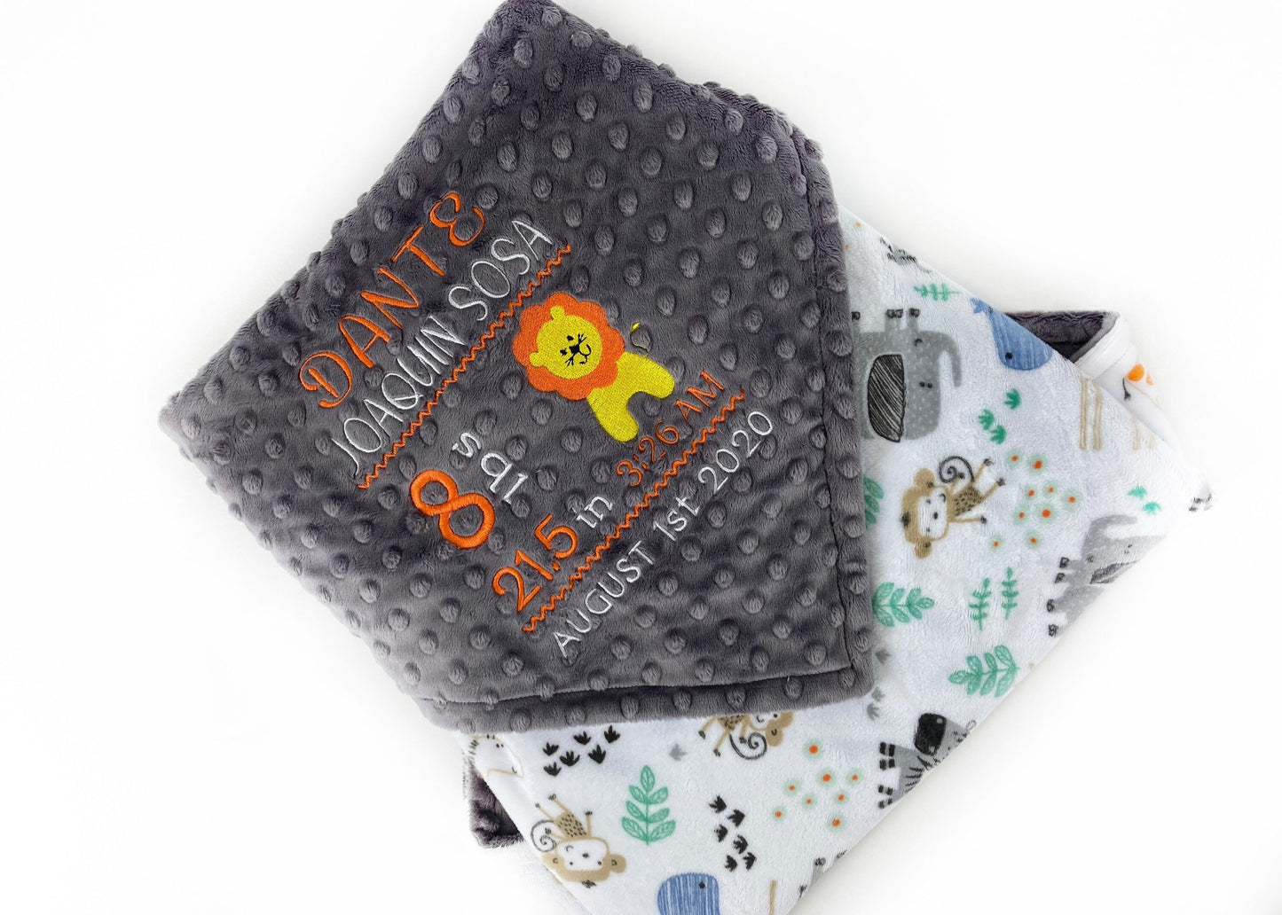 Personalized Minky Baby Blanket, Gray Zoo Animals, Embroidered Birth Stats and Lion, Baby Gift for Boys, Personalized Baby Gift