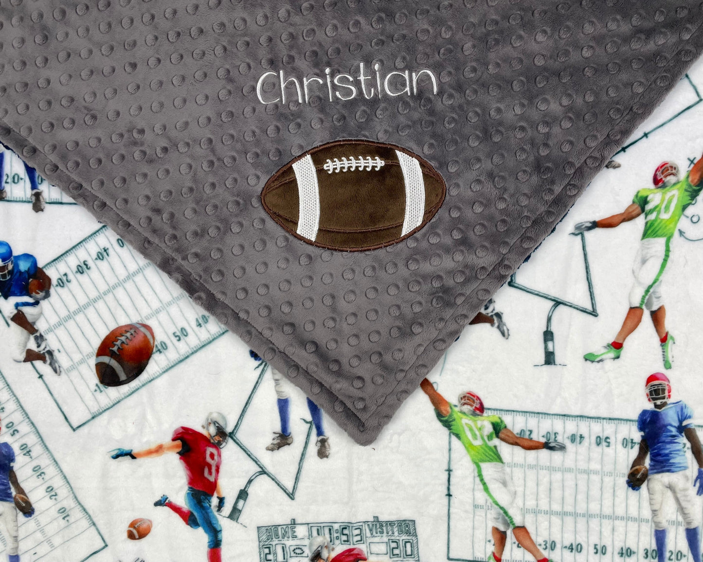 Football Minky Blanket, Gray Dimple Minky, Personalized Blanket, Embroidered Name, Football Appliqué, Birthday Gift for Sports Fan