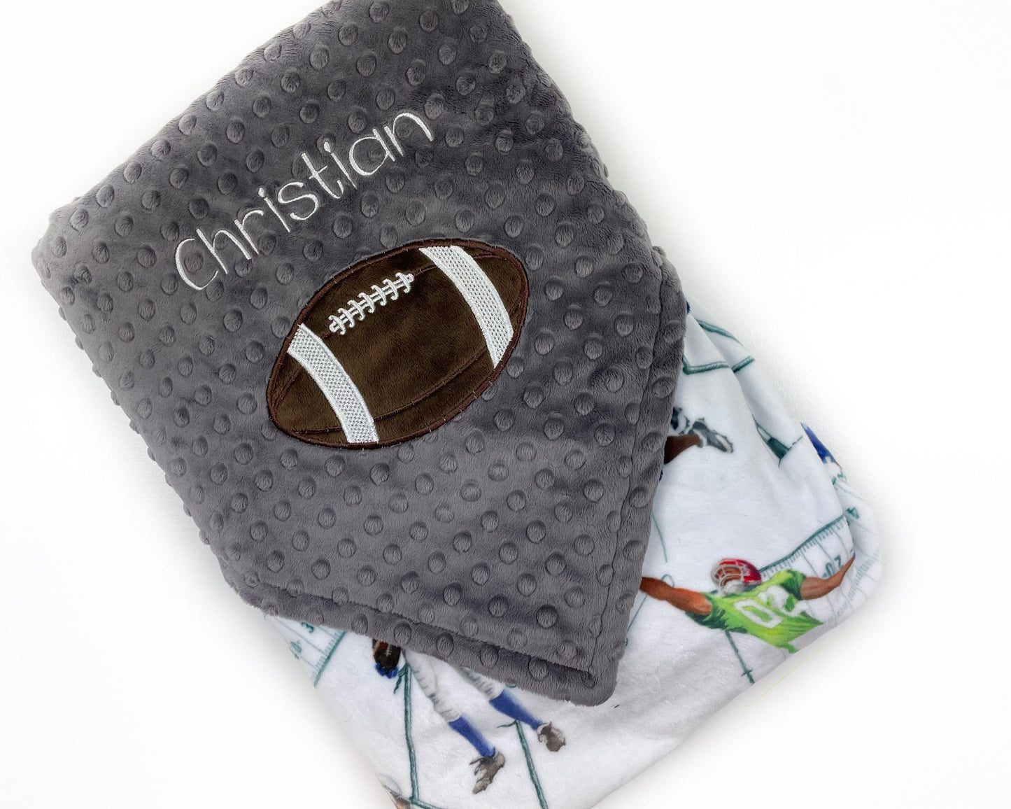 Football Minky Blanket, Gray Dimple Minky, Personalized Blanket, Embroidered Name, Football Appliqué, Birthday Gift for Sports Fan