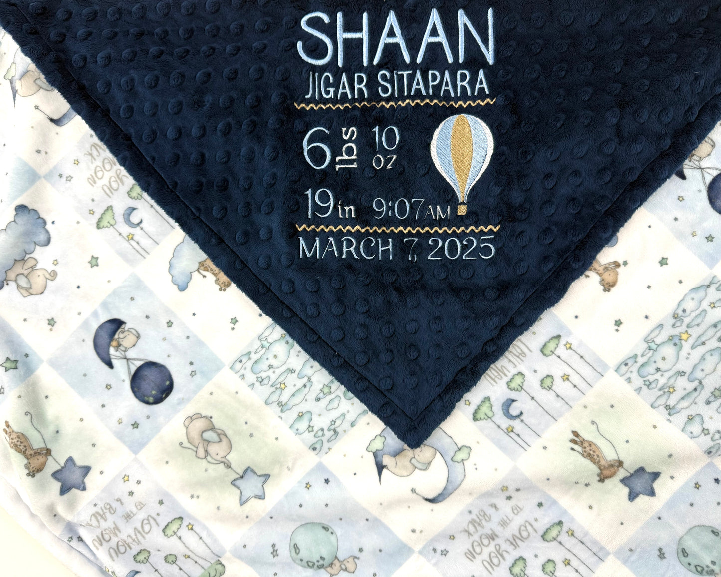 Personalized Baby Blanket with Hot Air Balloon, Blue and Gray Embroidered Minky with Birth Stats