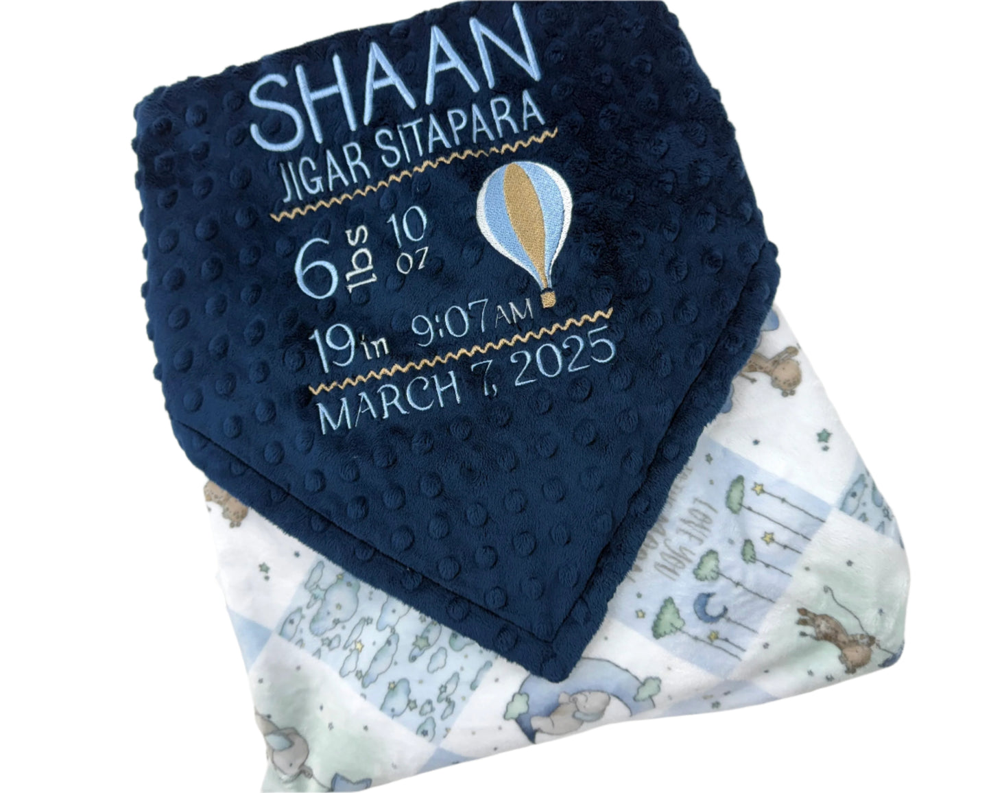 Personalized Baby Blanket with Hot Air Balloon, Blue and Gray Embroidered Minky with Birth Stats
