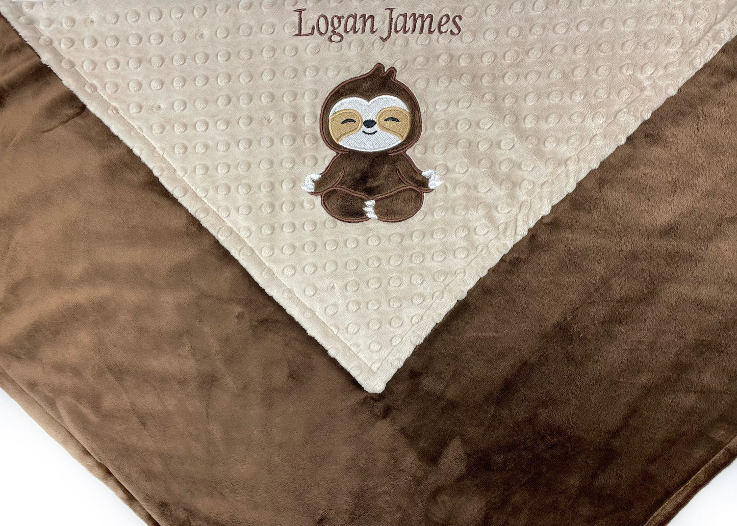Sloth Baby Blanket, Brown and Tan Minky Blanket, Plush Dimple Dot Minky, Personalized Gift for Boy, Sloth Applique, Baby Shower Gift
