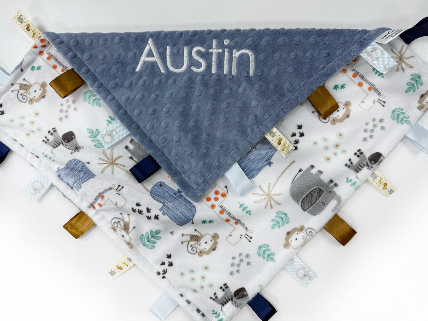 Personalized Lovey, Minky Tag Blanket, Blue Jungle Animals Tag Lovey, Sensory Ribbon Tags, Baby Boy Shower Gift
