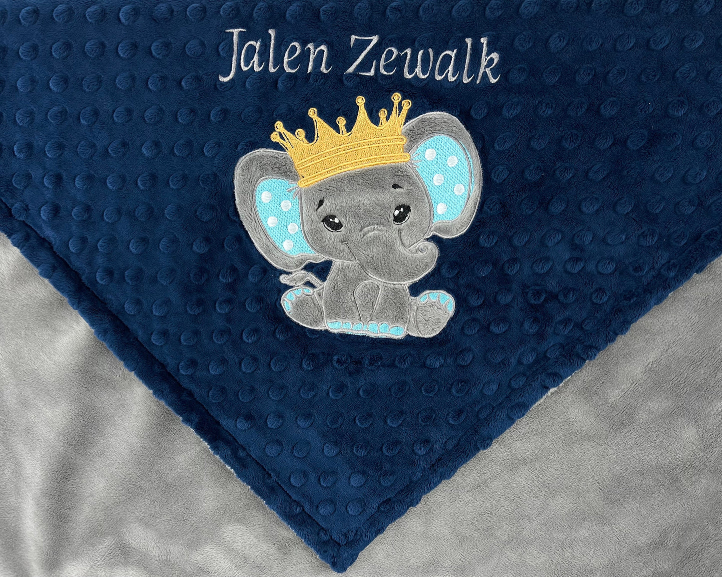 Elephant Blanket, Elephant King, Custom Baby Blanket, Navy and Gray Minky, Personalized Prince Blanket, Gift for Baby Boy, Baby Shower Gift