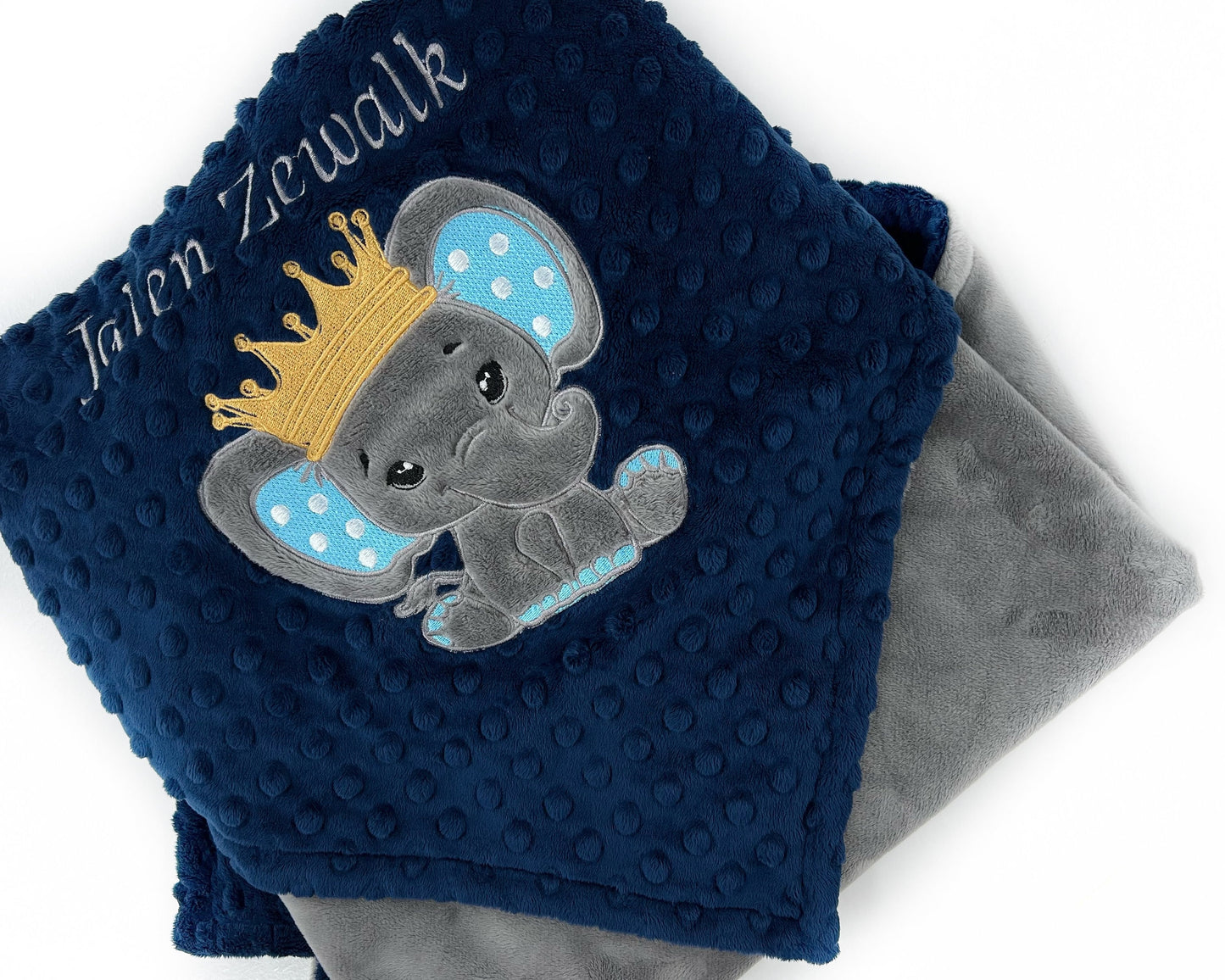 Elephant Blanket, Elephant King, Custom Baby Blanket, Navy and Gray Minky, Personalized Prince Blanket, Gift for Baby Boy, Baby Shower Gift