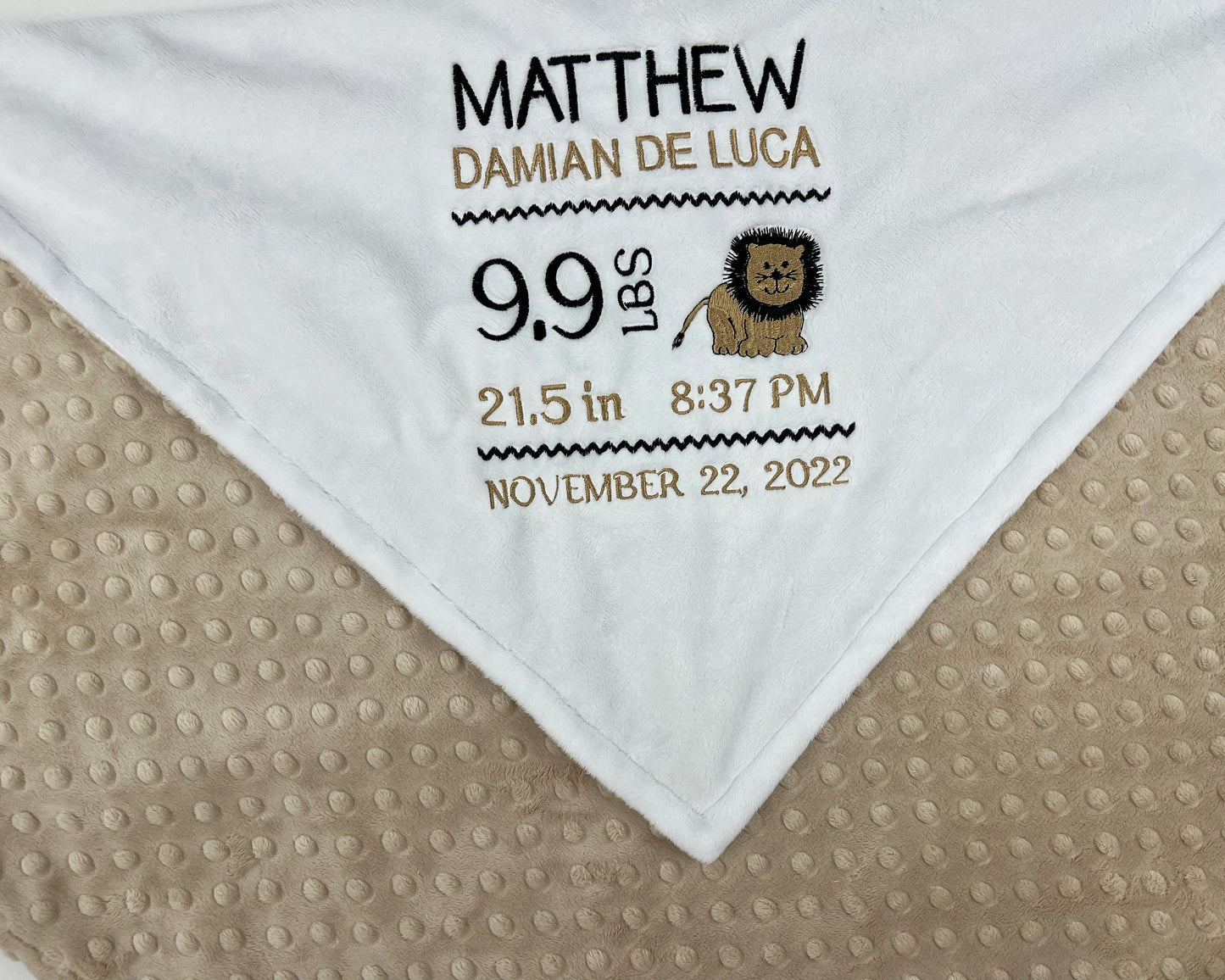 Personalized Baby Blanket, Tan and White Minky Blanket, Birth Stats Design, Lion Nursery Theme, Keepsake Gift for Baby Boy, Latte Blanket