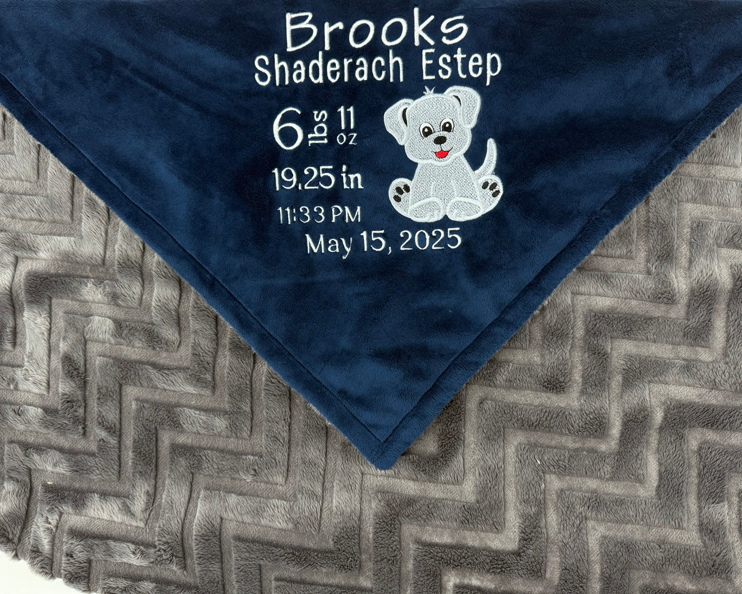 Navy Minky Baby Blanket with Puppy Applique, Personalized Blanket with Birth Stats